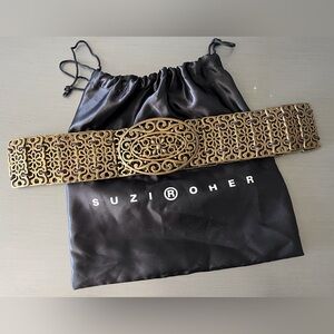 NWoT Suzi Roher Artistic Link Belt Antique Brass Gold w/ Black Elastin M / L